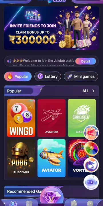 Jai Club app home screen in India with online gaming lobby, Wingo, Aviator, and slots games
