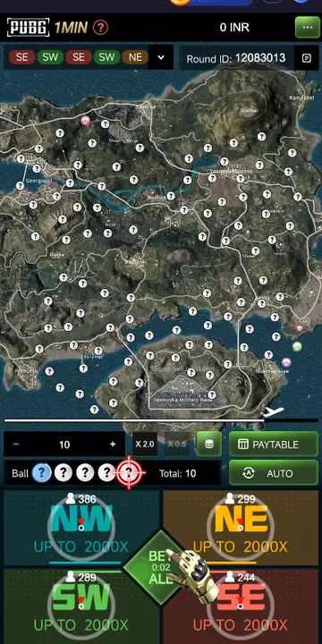Jai Club PUBG 1MIN prediction game interface with live bets and payout multipliers