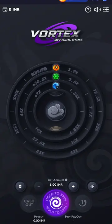 Jai Club Vortex official game screenshot showing spin controls, payout rates, and gaming dashboard