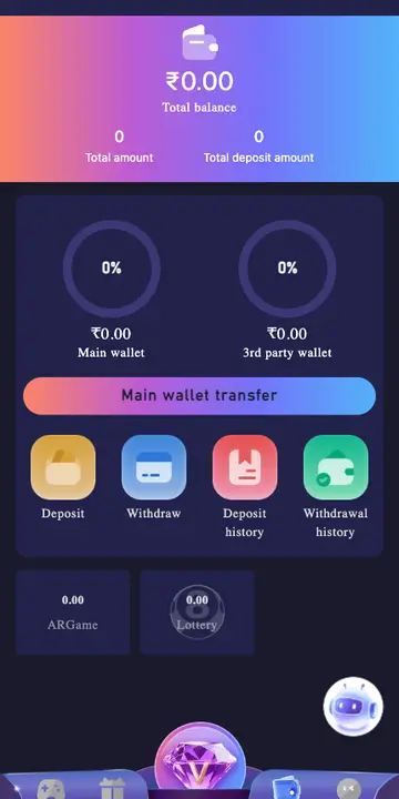 Jai Club wallet screen with deposit and withdrawal options for secure UPI and bank payments